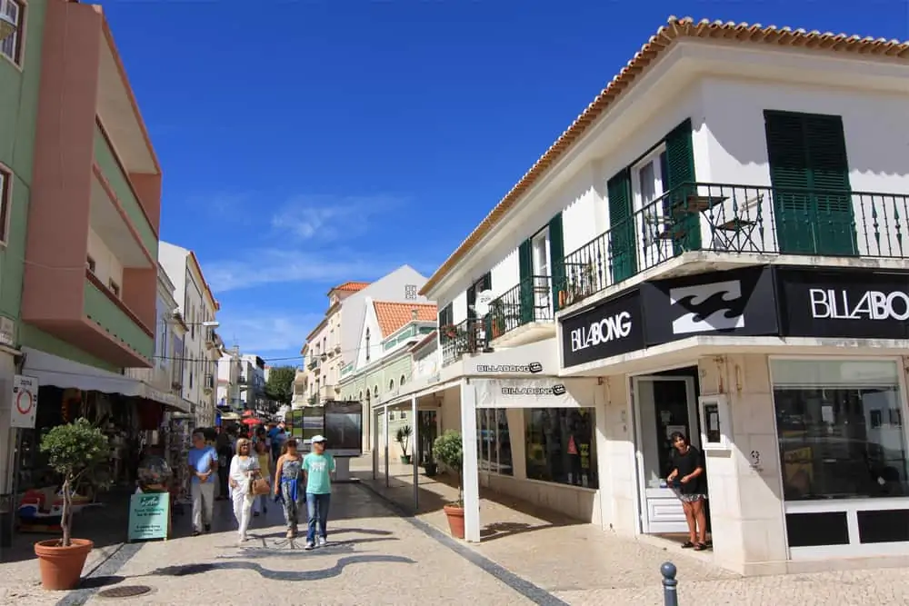 Street in the center of Ericeira with the Billabong store