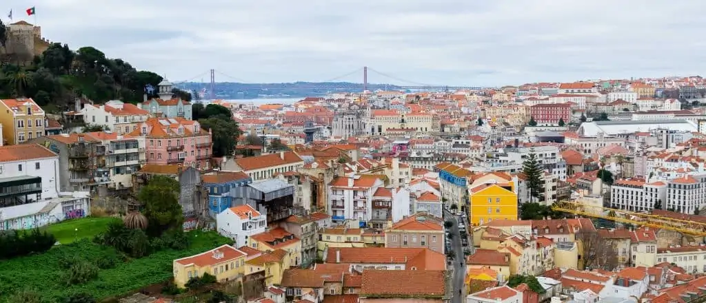 Scenic view of Lisbon with the Tagus river and Ponte 25 de Abril bridge in the background