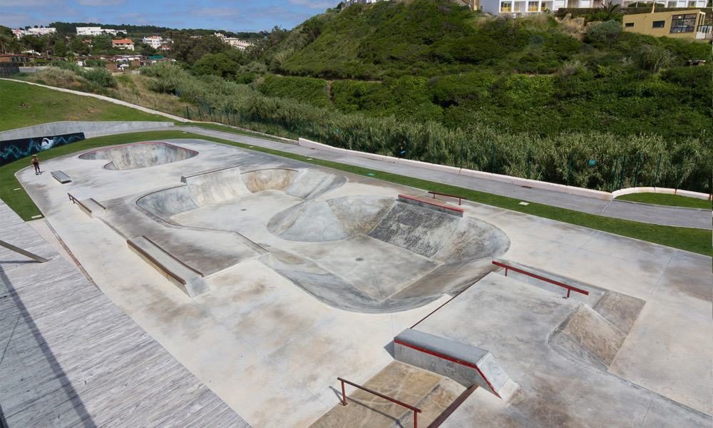 The skatepark at the Quiksilver Boardriders store with multiple bowls and rails